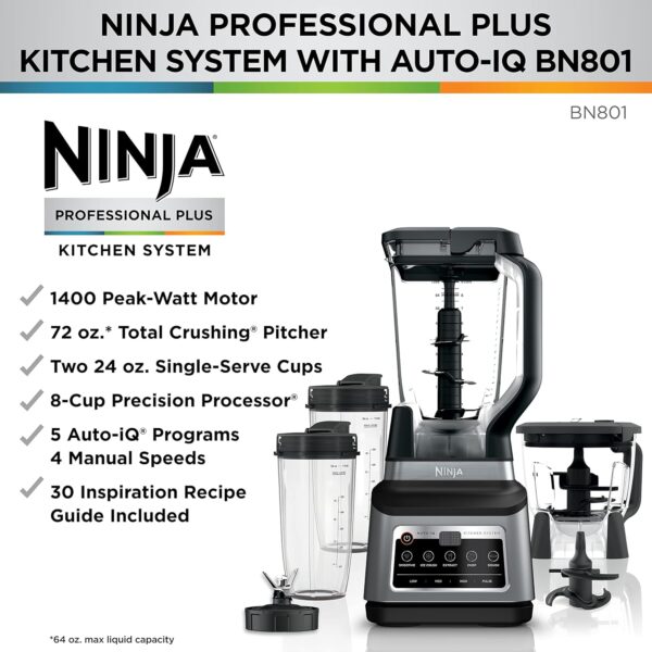 ninja bn801 professional plus kitchen system, 1400 wp, 5 functions for smoothies, chopping, dough & more with auto iq, 72 oz.* blender pitcher, 64 oz. processor bowl, (2) 24 oz. to go cups, grey