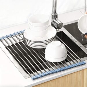 over the sink dish drying rack, roll up dish drying rack kitchen dish rack stainless steel sink drying rack, foldable dish drainer, gray