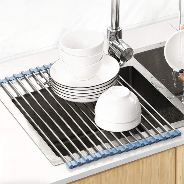 over the sink dish drying rack, roll up dish drying rack kitchen dish rack stainless steel sink drying rack, foldable dish drainer, gray