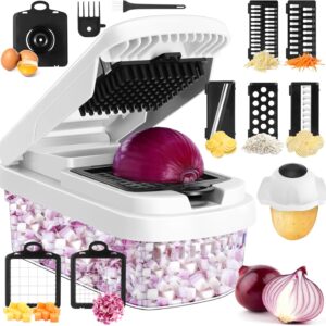Professional 12-in-1 Vegetable Chopper with 7 Stainless Steel Blades - Multifunctional Food Chopper for Dicing/Slicing Carrots, Potatoes, Onions, Garlic - Heavy Duty, BPA Free Kitchen Gadget (White)
