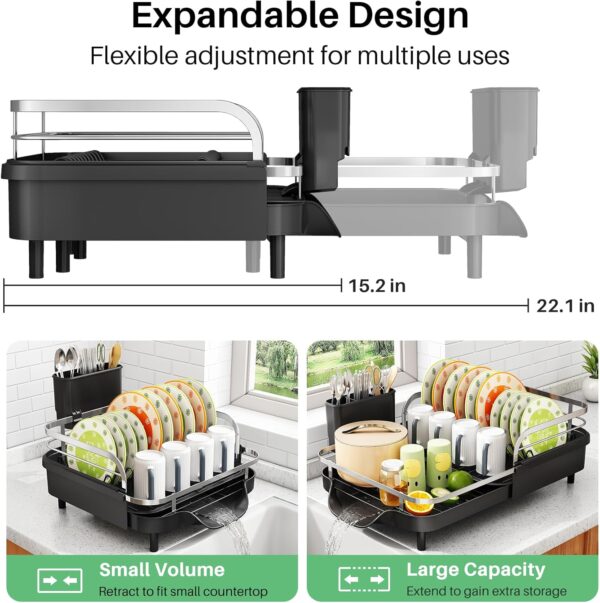 SAYZH Dish Drying Rack - Expandable Dish Rack for Kitchen Counter, Rust-Resistant Dish Drainer with Utensil Holder and Raised Guardrail, Kitchen Organizer for Cup and Bottle (Black) - Image 2