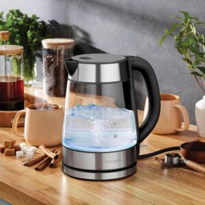 speed boil electric kettle for coffee & tea 1.7l water boiler 1500w, borosilicate glass, easy clean wide opening, auto shut off, cool touch handle, led light. 360° rotation, boil dry protection