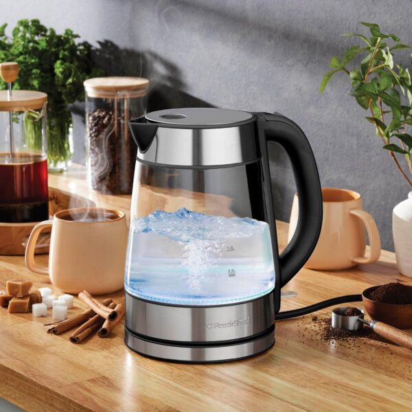 speed boil electric kettle for coffee & tea 1.7l water boiler 1500w, borosilicate glass, easy clean wide opening, auto shut off, cool touch handle, led light. 360° rotation, boil dry protection