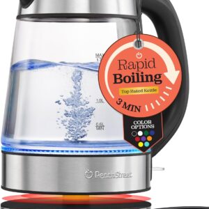 Speed-Boil Electric Kettle For Coffee & Tea - 1.7L Water Boiler 1500W, Borosilicate Glass, Easy Clean Wide Opening, Auto Shut-Off, Cool Touch Handle, LED Light. 360° Rotation, Boil Dry Protection