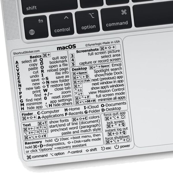 Synerlogic Mac OS Shortcuts Sticker | Keyboard Stickers for macOS | No-Residue Laminated Vinyl MacBook Cheatsheet for Laptop | MacBook Shortcuts 2025 (Clear/Black)