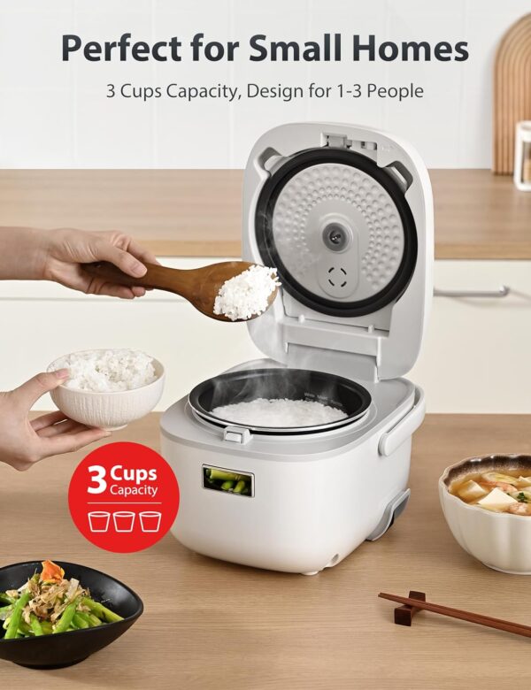 toshiba mini rice cooker, 3 cups uncooked small rice cooker, steamer & warmer, with fuzzy logic and one touch cooking, 24 hour delay timer and auto keep warm feature, white