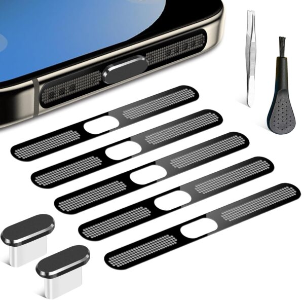 USB C Dust Plug, Phone Speaker Dust Cover and Anti Dust Cover Protector Cap for iPhone 16/16 Pro/16 Pro Max/iPhone 15/15 Pro/Pro Max – Black