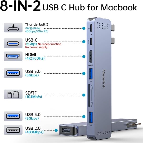 usb c hub adapter for macbook pro/air m4 m3 m2 m1 2025 2018 13" 14" 15" 16", mac multiport adapter, 8 in 2 macbook accessories dongle with hdmi 4k, thunderbolt 3, usb c&a data ports, sd tf card reader