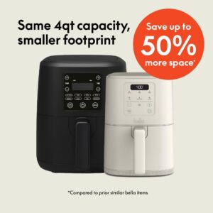 bella 4qt slim air fryer, fits anywhere™ kitchenware, evergood™ ceramic nonstick coating, adjustable temperature, 6 preset cooking options, 60 min auto shutoff w audible tone, 3.3lb capacity, oatmilk