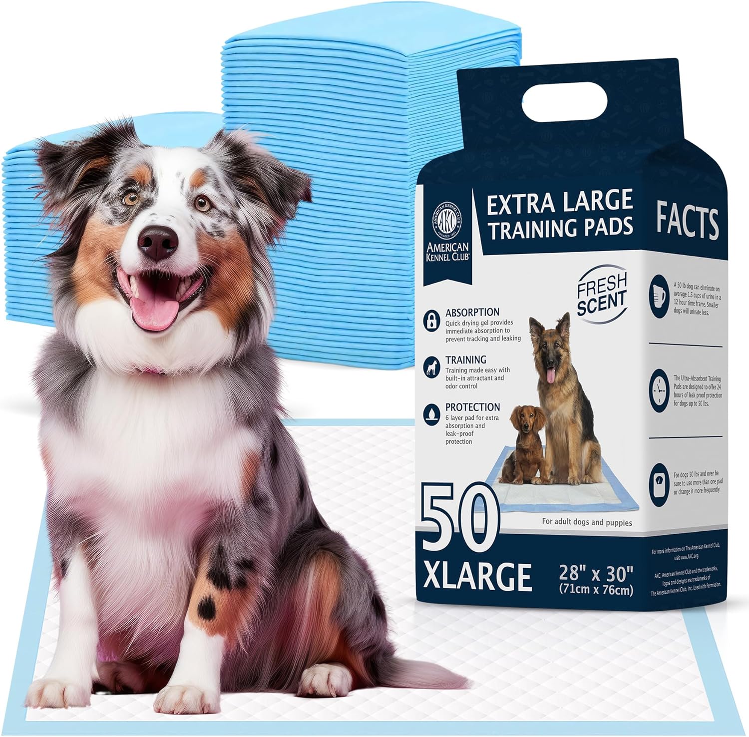 American Kennel Club Scented Puppy Training Pads with Ultra Absorbent Quick Dry Gel – 28 x 30 Pee Pads for Dogs – Fresh Scented – 50 Count, XL