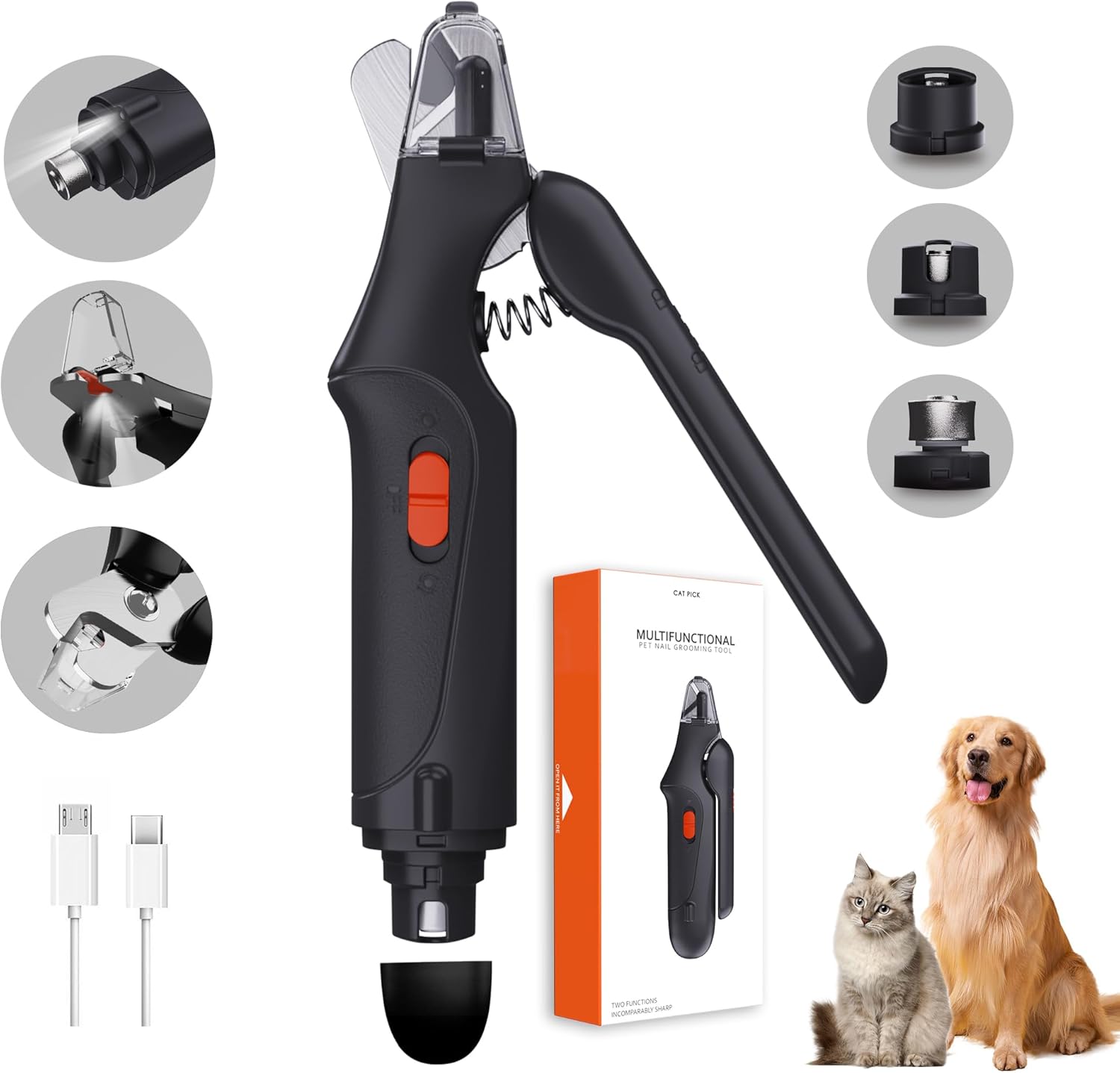 2-in-1 Dog Nail Clippers & Cat Nail Clippers Trimmers for Large Medium Small Dogs Cats Claw Trimmer Quick Sensor and Safety Guard USB Rechargeable with 2 LED Lights Dogs Nail Trimmer