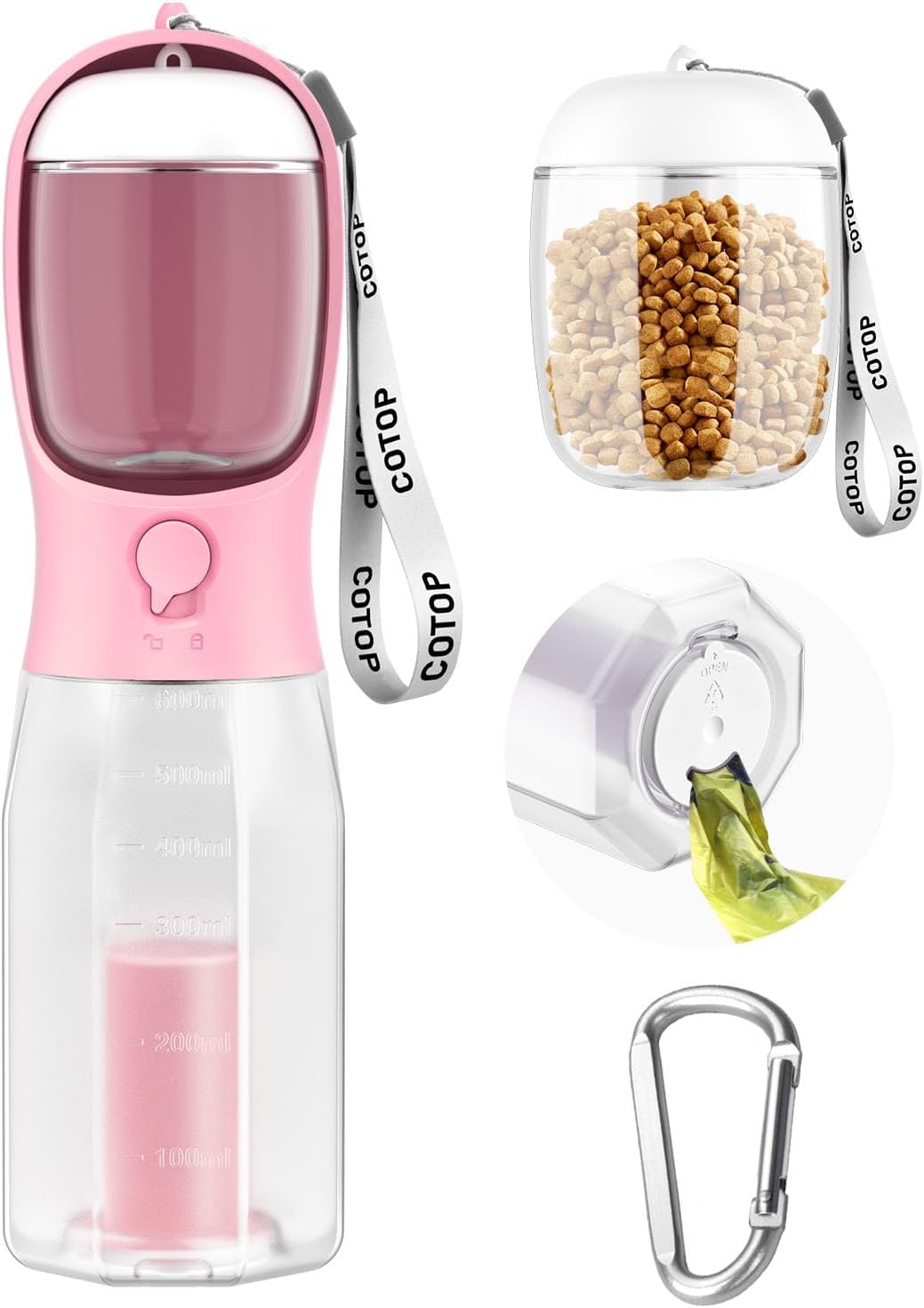 20oz Dog Water Bottle with Food Container & Poop Bag Dispenser | Leak-Proof Portable Pet Water Dispenser with Carabiner Clip | for Walking, Hiking, Travel