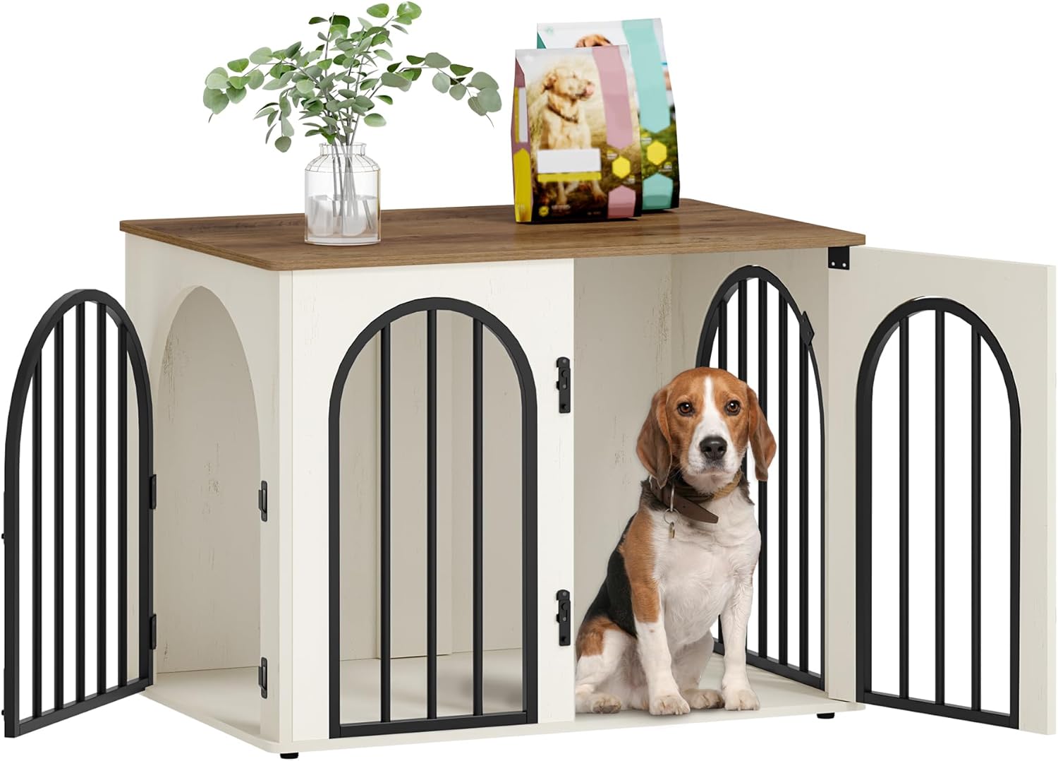 31.5” Wooden Dog Crate Furniture, Indoor Dog Kennel Dogs Cage for Small/Medium Dogs, Heavy Duty Dog Crates Decorative Pet House End Side Table TV Stand, White Brown DFC85114B