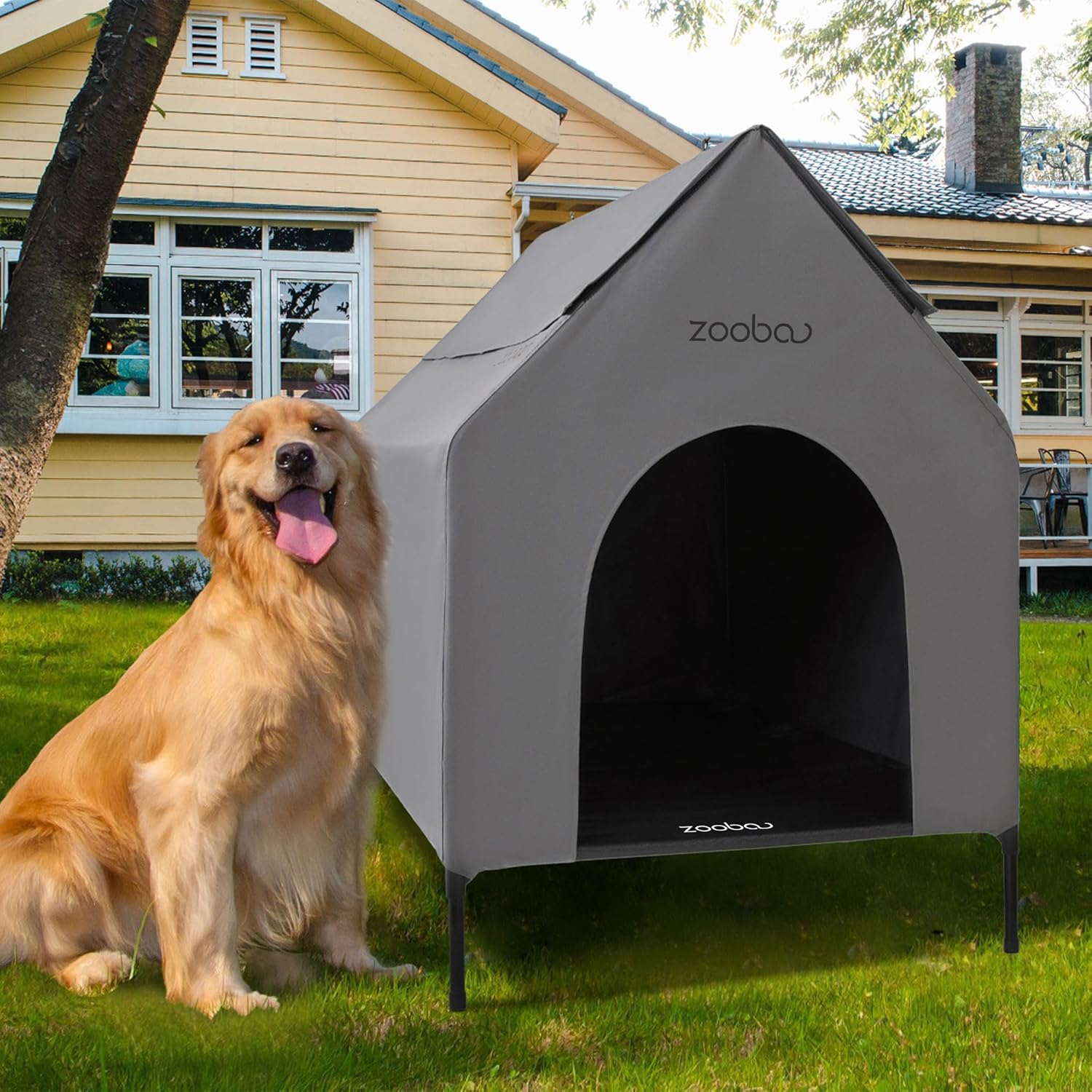 36″ Large Dog House for Large Dog Indoor or Outside, Weatherproof 600D PVC Outdoor, Featuring Breathable 2×1 Textilene Elevated Dog Bed, Easy Clean（Grey）