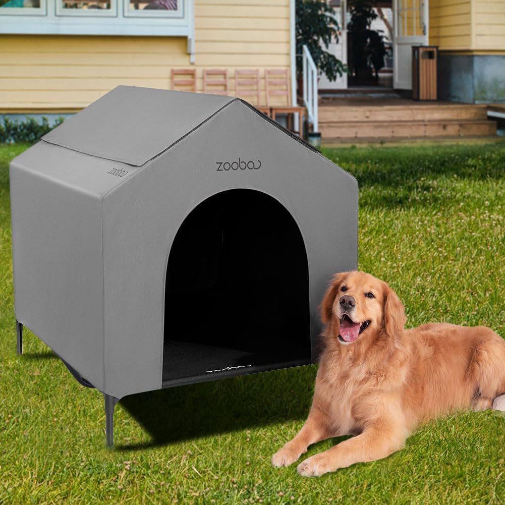 42” Outdoor Dog House for Large Breeds, Durable Large Dog Shelter with Weatherproof 600D PVC Canopy, Breathable 2×1 Textilene Fabric Elevated Dog Bed, XL Dog Kennel for Outside Use