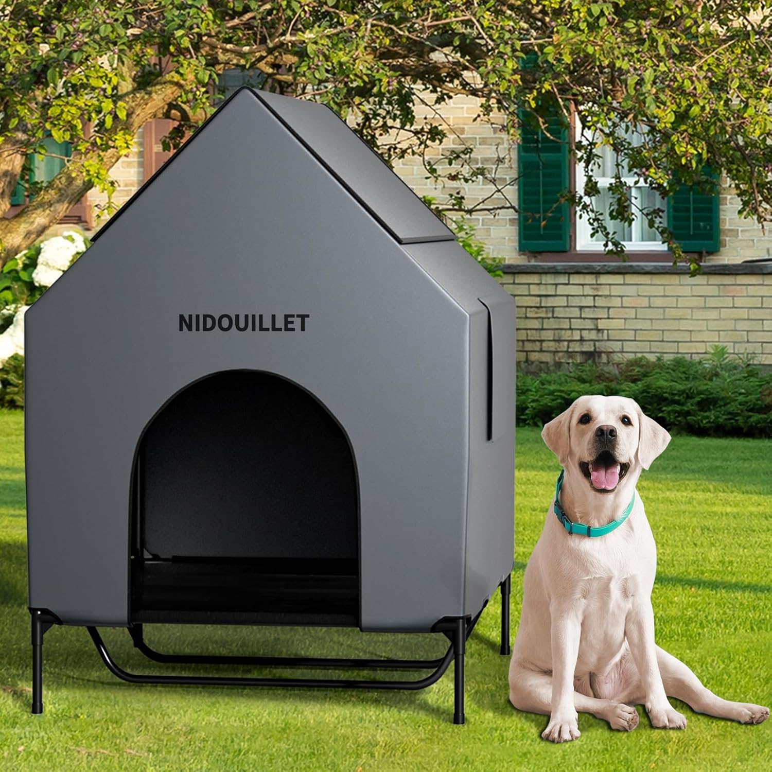 48″ Dog House for Outdoor Indoor, X-Large Dog Houses Weatherproof 600D PVC with 8.5″ H Textilene Elevated Dog Bed Breathable, Easy to Clean, Dog House Max 200lbs