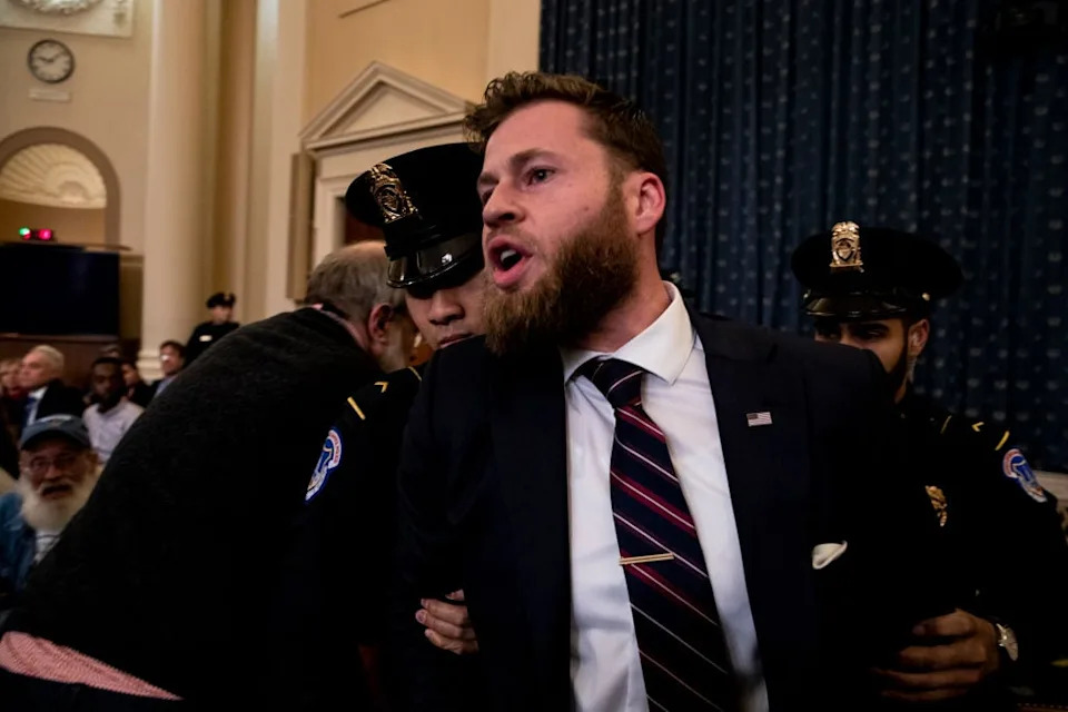 Owen Shroyer is removed from a public impeachment inquiry hearing with the House Judiciary Committee in the Longworth House Office Building on Capitol Hill December 9, 2019 in Washington, DC. / Pool / Getty Images