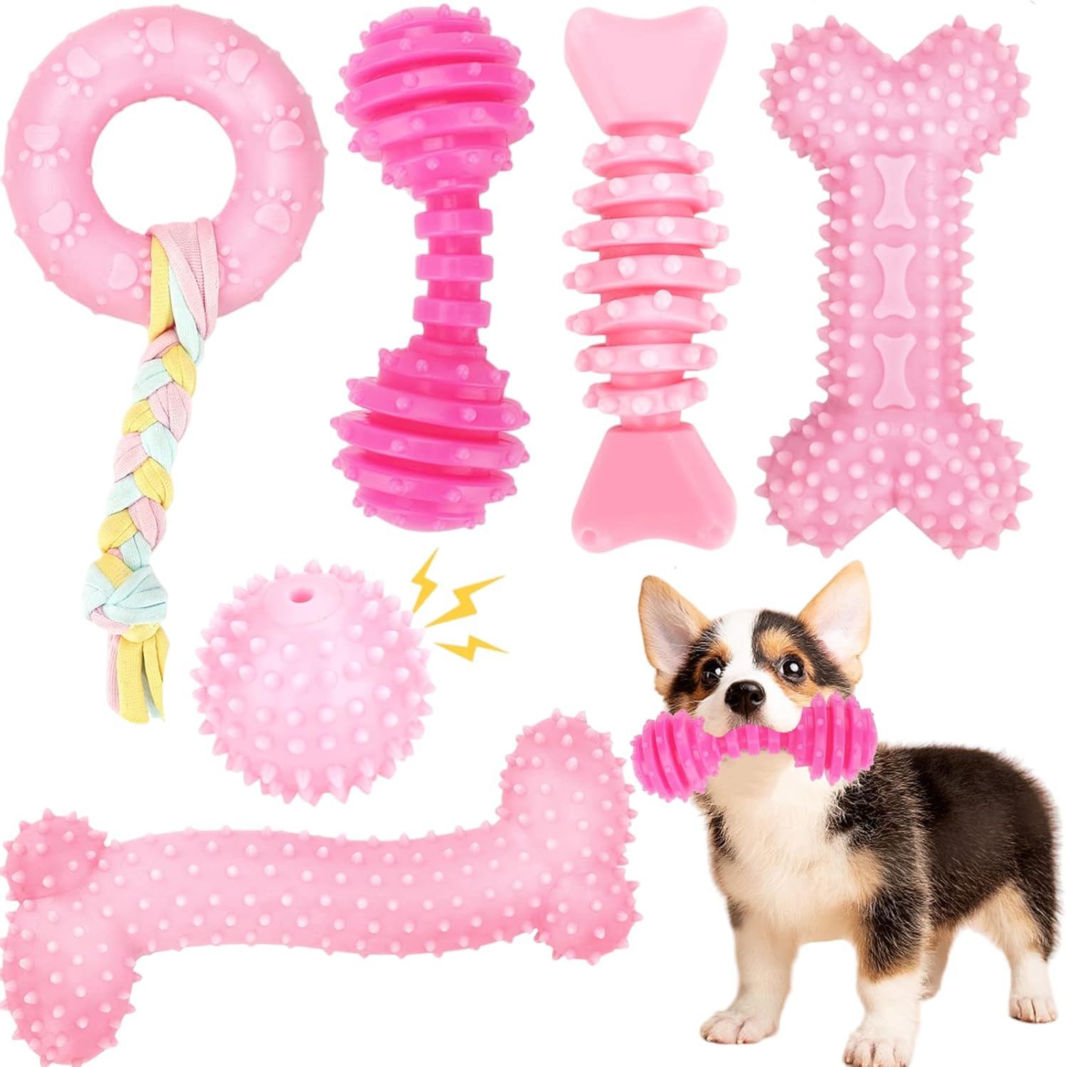 6 Pack Puppy Chew Toys for Teething, Interactive Dog Toys for Small Breed Puppies to Clean Teeth, Soft & Durable Chew Toys for Small Dogs, Pink Dog Toys