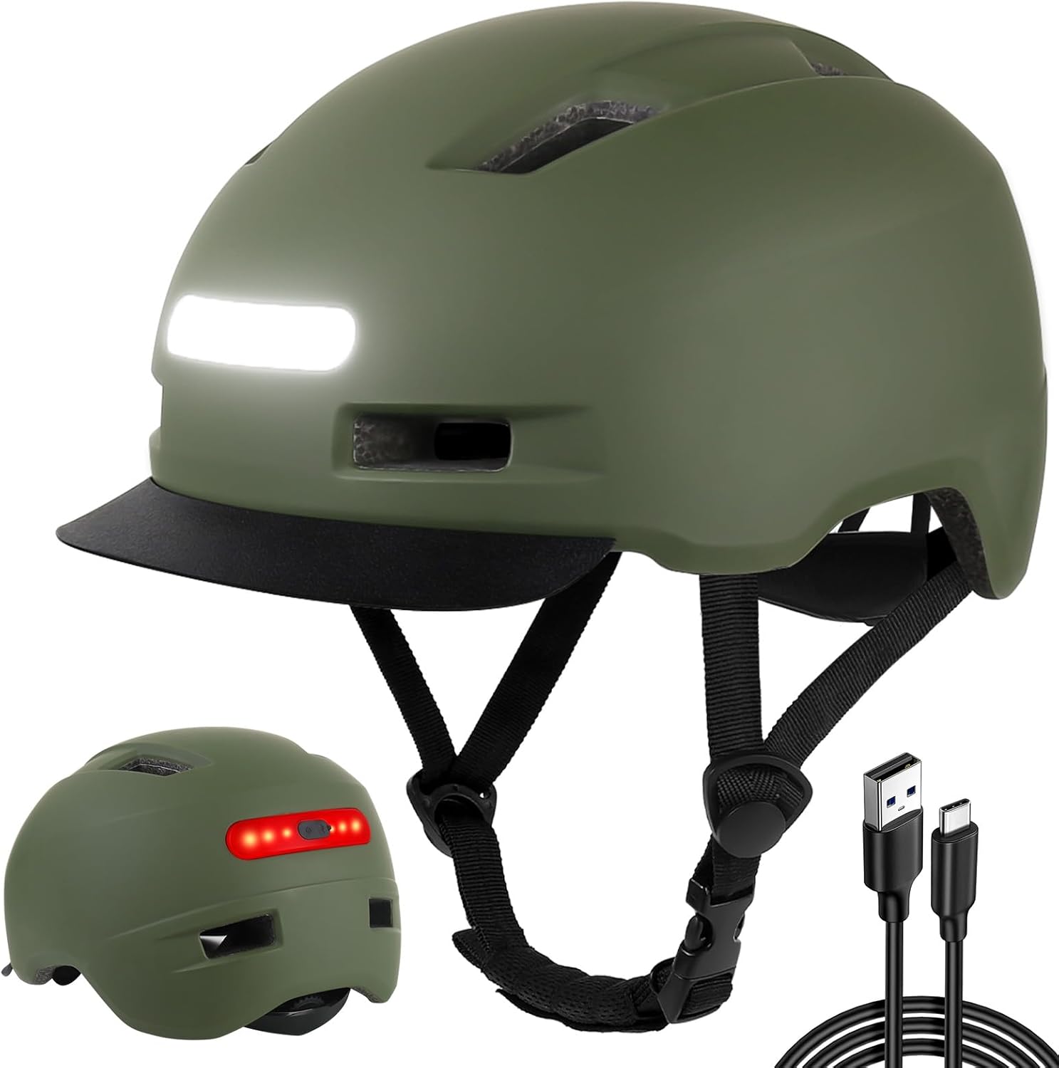Shinmax Bike Helmet for Adults Men Women, Bicycle Helmet with USB Rechargeable LED Front and Back Light, Comfort Adjustable Cycling Helmet with Detachable Visor for Urban Commuter Mountain Road Biker
