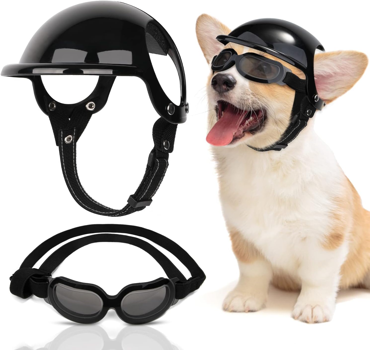SlowTon Dog Helmet and Goggles – UV Protection Doggy Sunglasses Dog Glasses Pet Motorcycle Helmet Hat with Ear Holes Adjustable Belt Safety Hat for Small Medium Large Dogs Puppy Riding (Black, S)