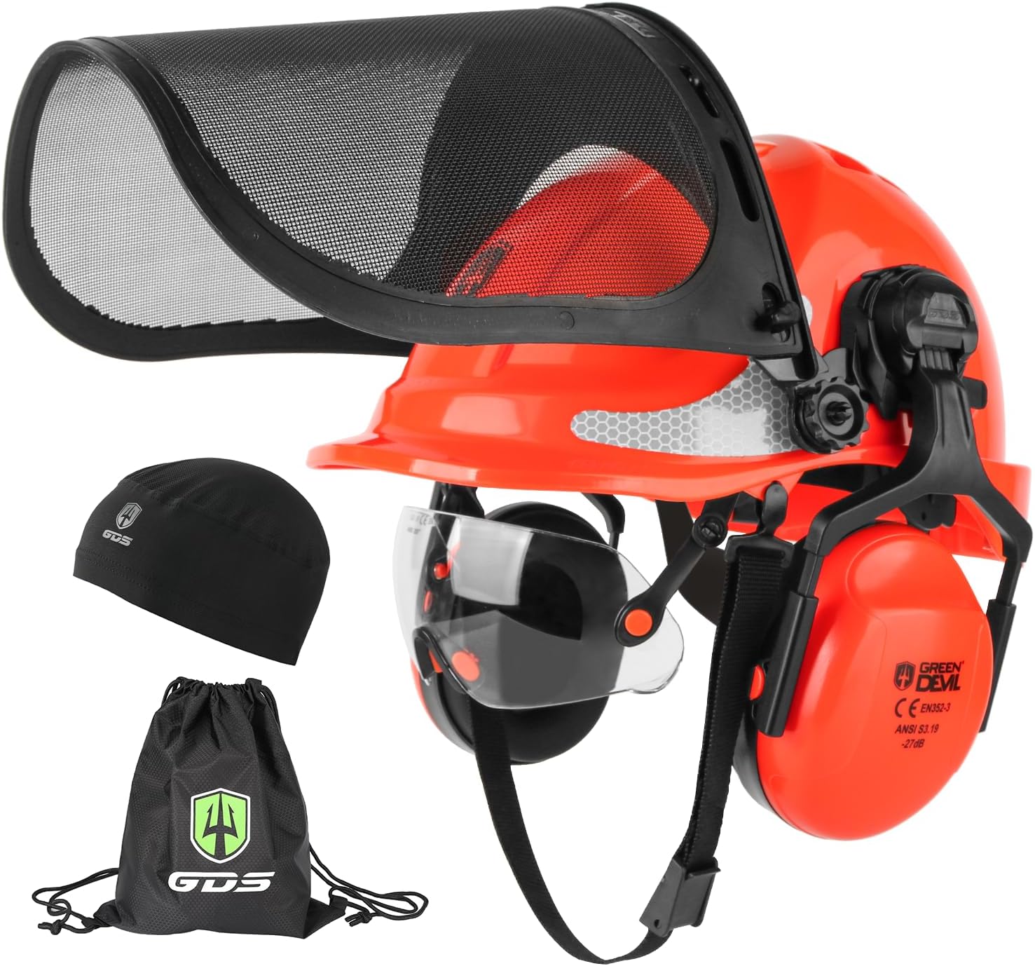 GREEN DEVIL Chainsaw Safety Protective Helmet Forestry Helmet with Build-in Visor Mesh Face Shield Ear Muffs 4 in 1 Ideal for Arborist Tree Work DIY Outdoor Logging Hard hat