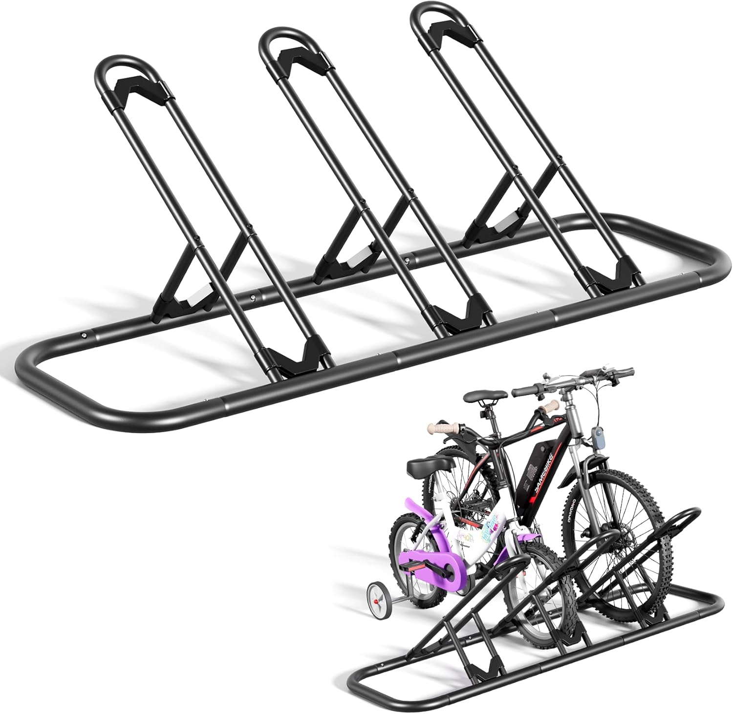 Mr IRONSTONE Bike Rack, Floor Bike Rack for Garage, Indoor/Outdoor Bike Storage Stand Bicycle Parking Rack, for Mountain Bike, Road Bike and Kids Bike (Black, 3 Bike)