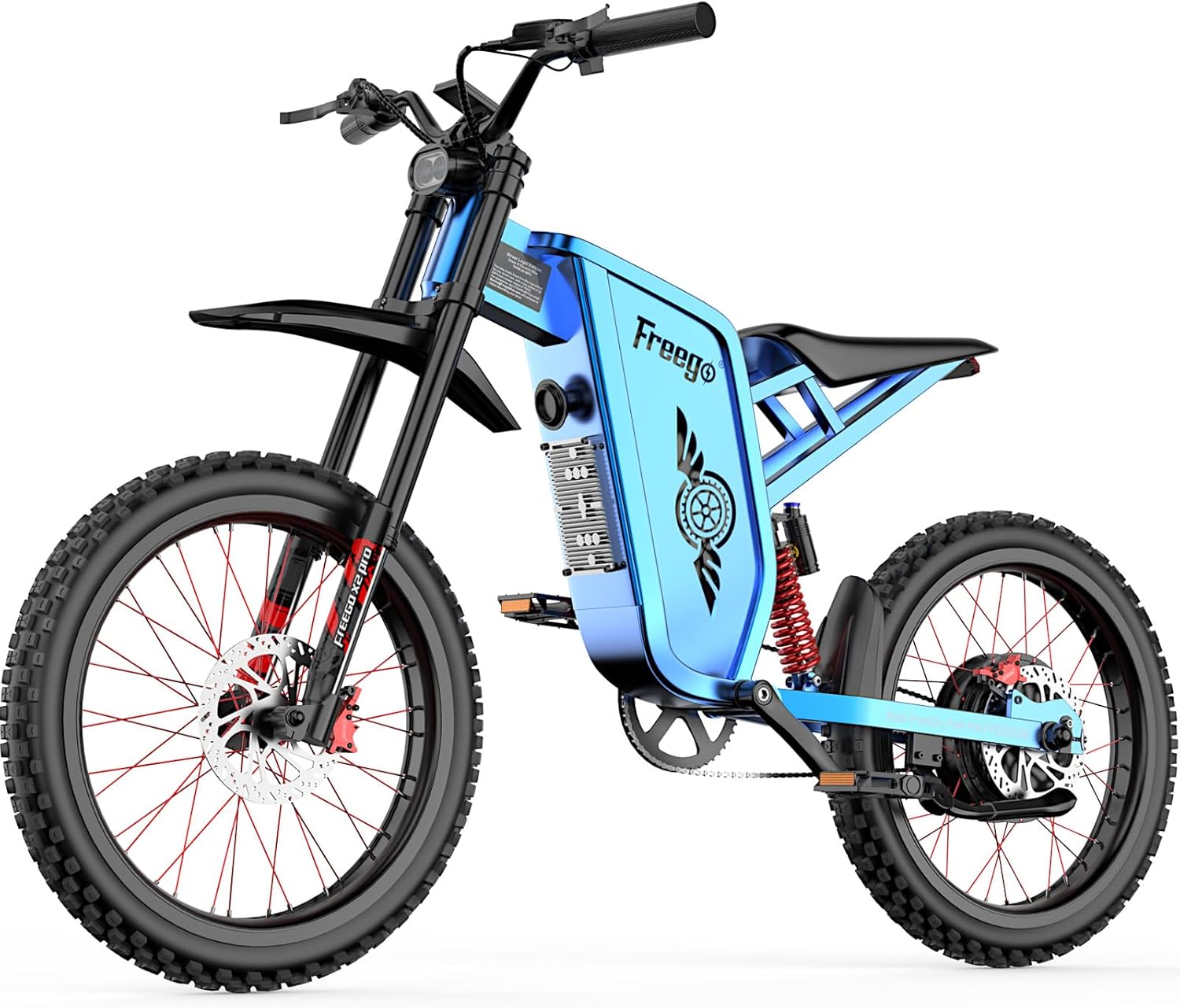 Freego Electric Motorcycle for Adults, X2Pro Electric Dirt Bike 6000W(Peak) Motor 60V/30Ah Battery,50MPH/70Mile Off Road Electric Bicycle,19×2 Tire Full Suspension/Four-Piston Hydraulic Brake (Blue)
