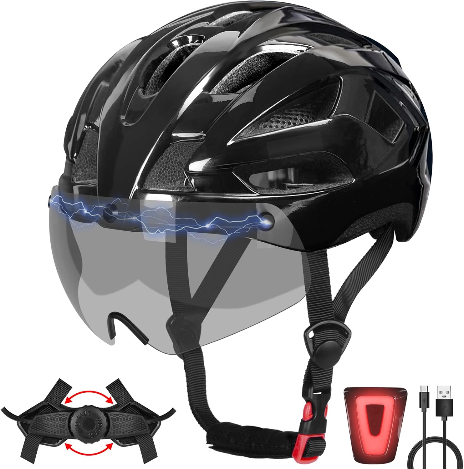 Bike Helmet Adult for Men, Lightweight Ebike Helmet with LED Light & Magnetic Goggles, USB Charging Cable Included, Cycling Helmet for Adult with Adjustable Dial Fit 22.8″- 24.4 “