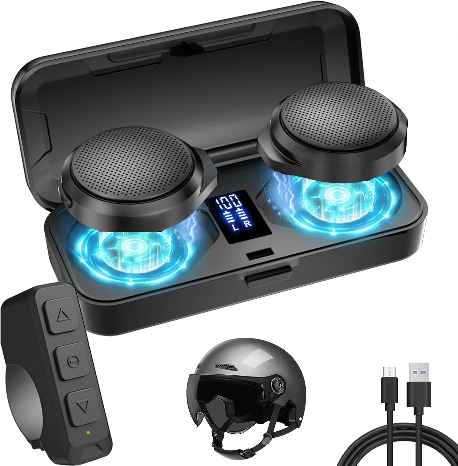 OBEST Motorcycle Bluetooth Headset with Charging Case, Helmet Bluetooth Speaker with Microphones & LED Display, 1900mAh Battery with 50Hours Work Time Wireless Headsets for Skiing and Riding