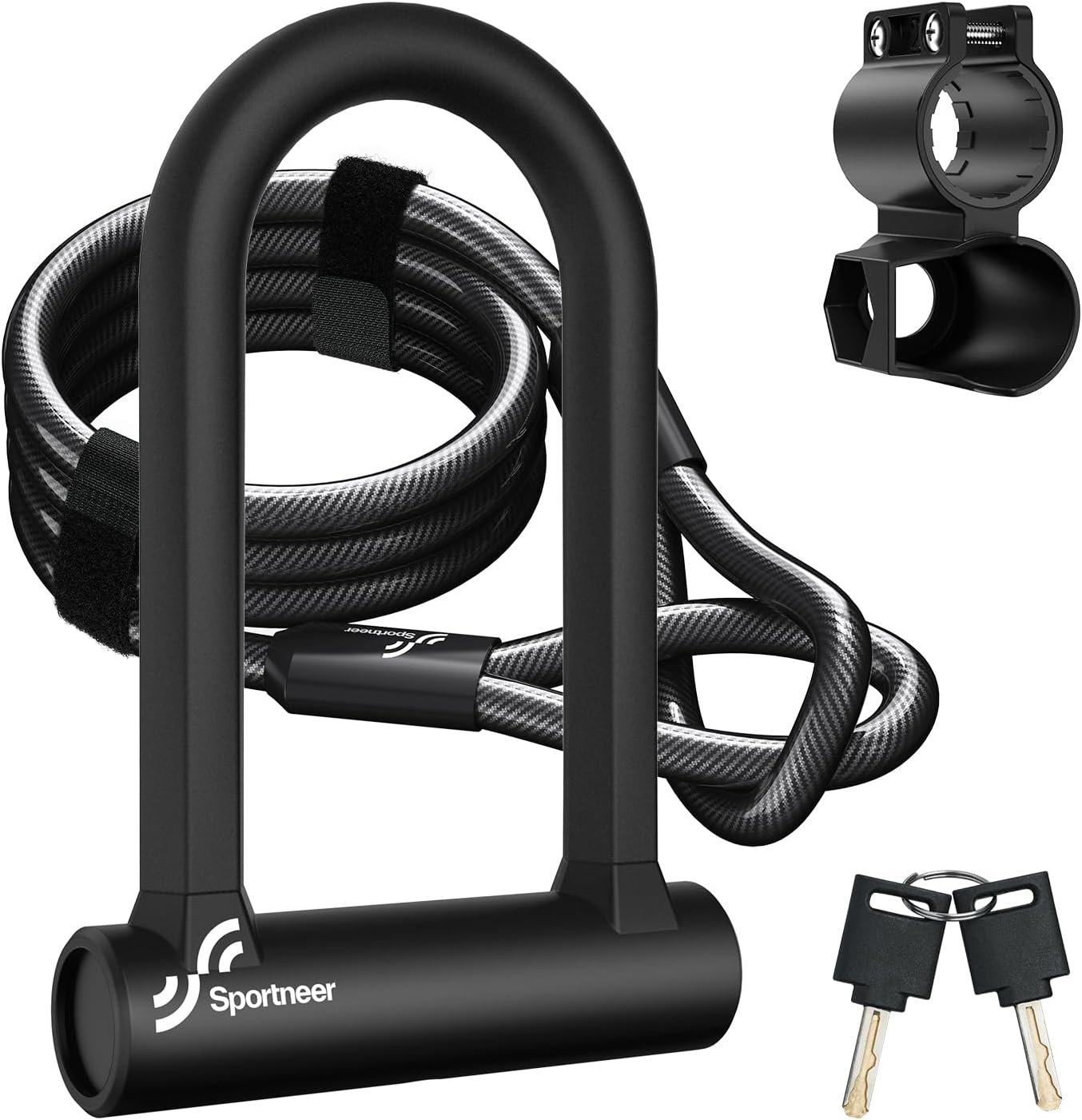 Sportneer Bike Lock: Heavy Duty Anti Theft Bike U Lock with 5ft Security Steel Cable – 17mm Shackle Bicycle U-Locks with Keys & Sturdy Mounting Bracket for Road, Mountain, Electric & Folding Bike