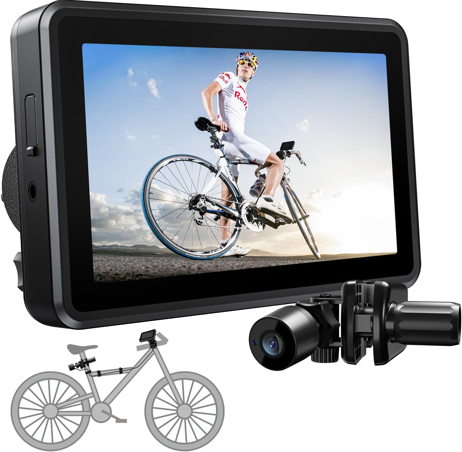 FEISIKE Handlebar Bike Mirror, Bicycle Rear View Camera with 4.3” HD Night Vision Function, 145° Wide Angle View, Adjustable Rotatable Bracket, Compatible with Bicycle, Mountain, Road Bike