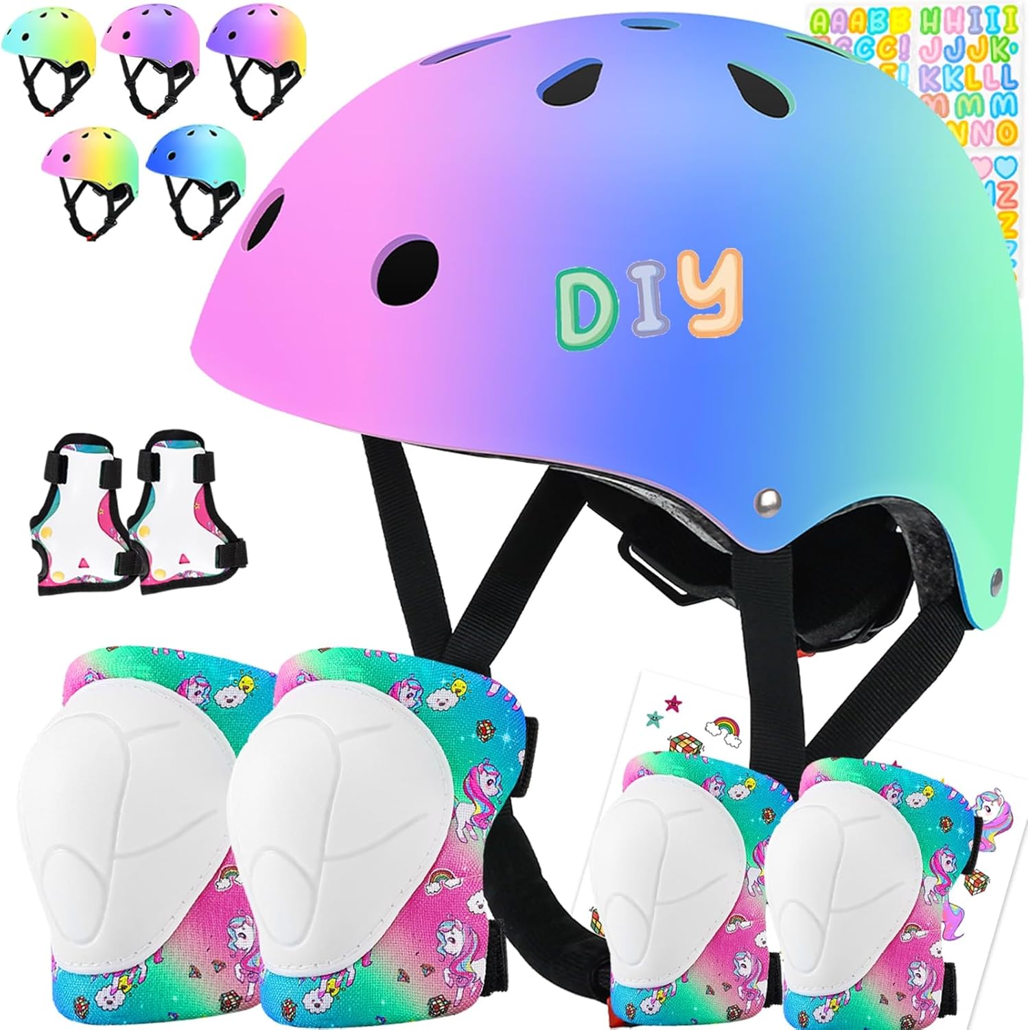 Color Gradient Kids Bike Helmet and Pads Adjustable Helmet for Kids Protective Gear Set with Elbow Knee Pads Wrist Guards for Cycling Bicycle