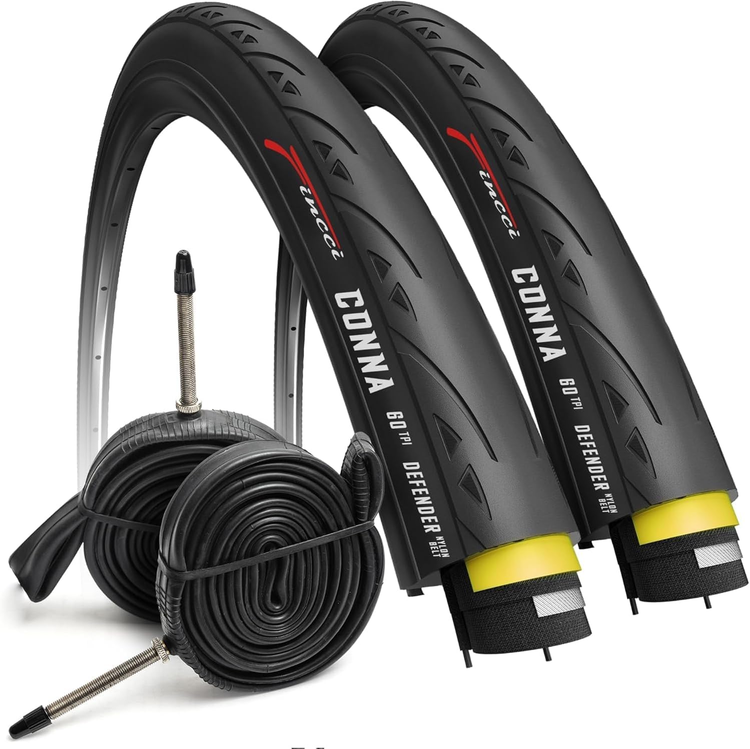 Fincci Set 700x23c Tires Road Bike with 2X Bicycle Inner Tubes 700c – Racing 23-622 Puncture Proof Bike Tires & 60mm Presta Tube – 700c Wheelset for Folding, Touring, Gravel, E Bikes, Bicycle
