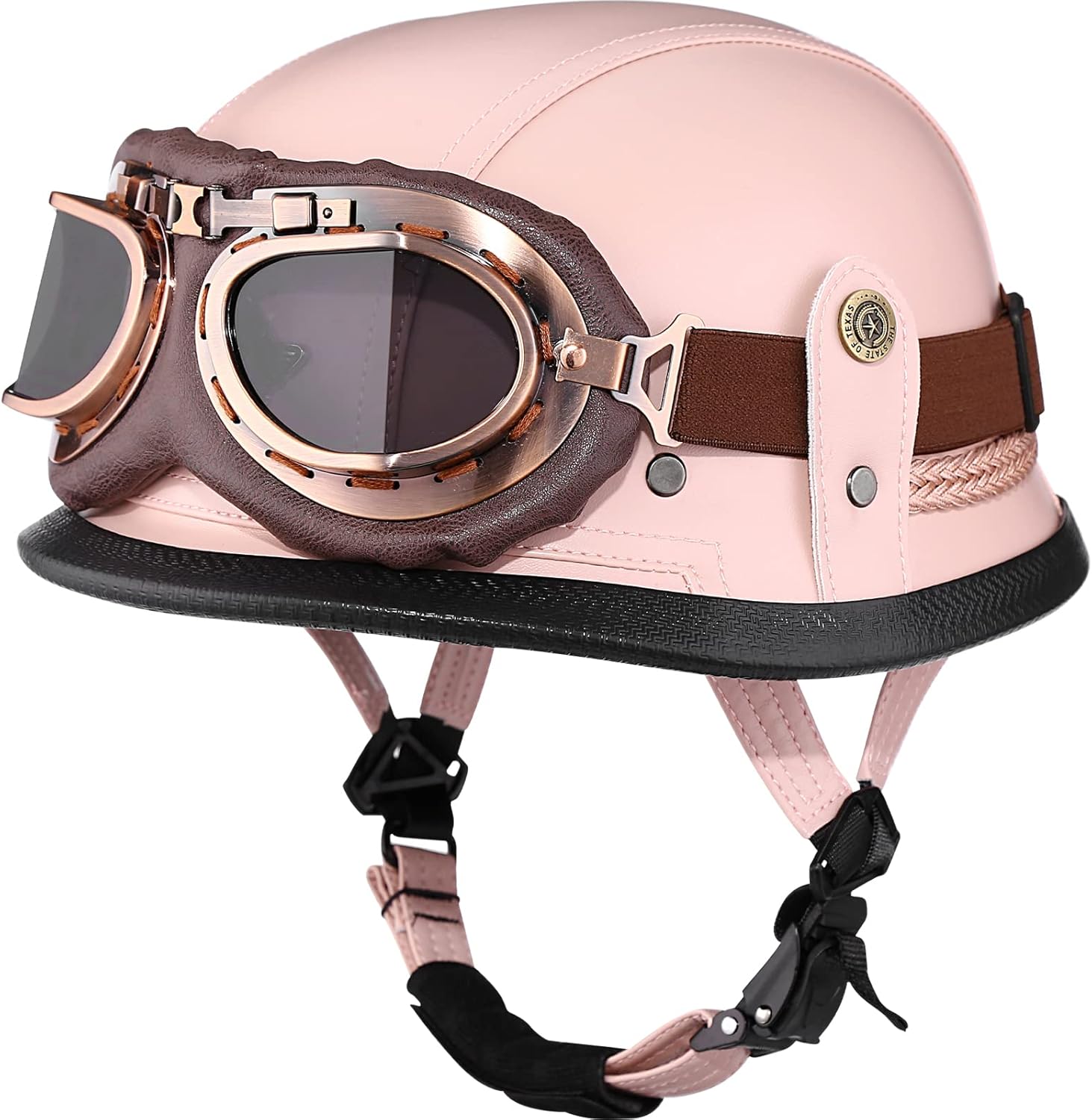 Motorcycle Half Helmet Retro German Handmade Leather Half Face Quick Release Buckle & Goggles – DOT Approved (Pink, M)