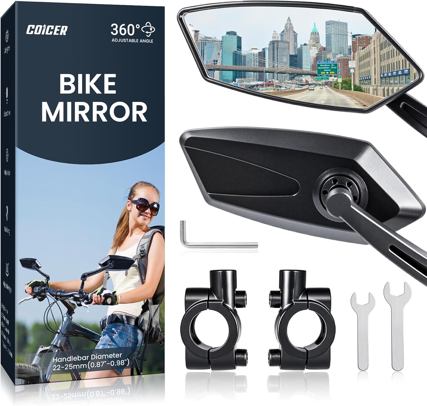 2pcs Bike Mirror Handlebar Mount 360° Adjustable, Wide Rear View Mirror Bicycle Mirrors for Handlebars with Scratch Resistant Glass, Bike Rear View Mirror for Scooter, Motorcycle, Bike Accessory
