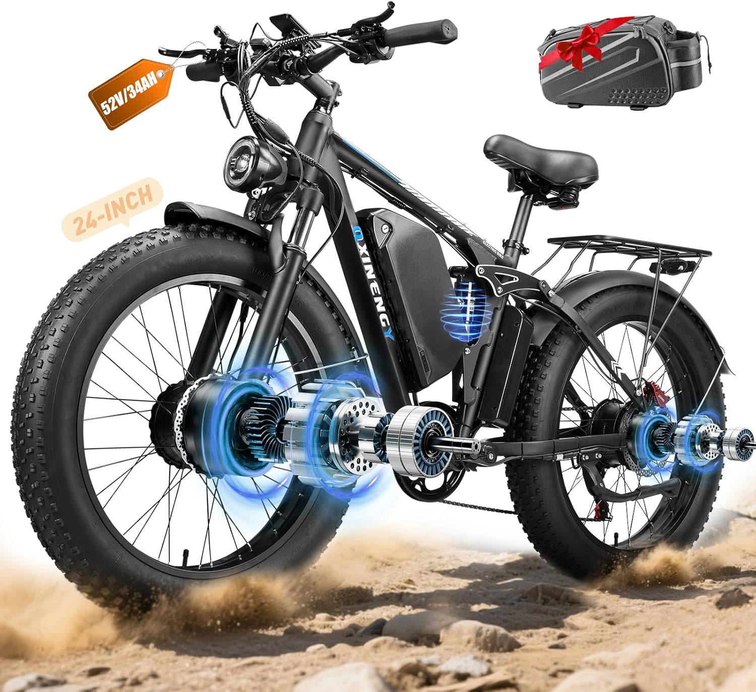 Dual Motor Electric Bike for Adults, Peak 5000W Max 45MPH, 52V 34Ah 1768Wh Battery, 24″ Fat Tire Electric Bicycles, Hydraulic Disc Brake, Full Suspension Mountain Ebike for All Terrain