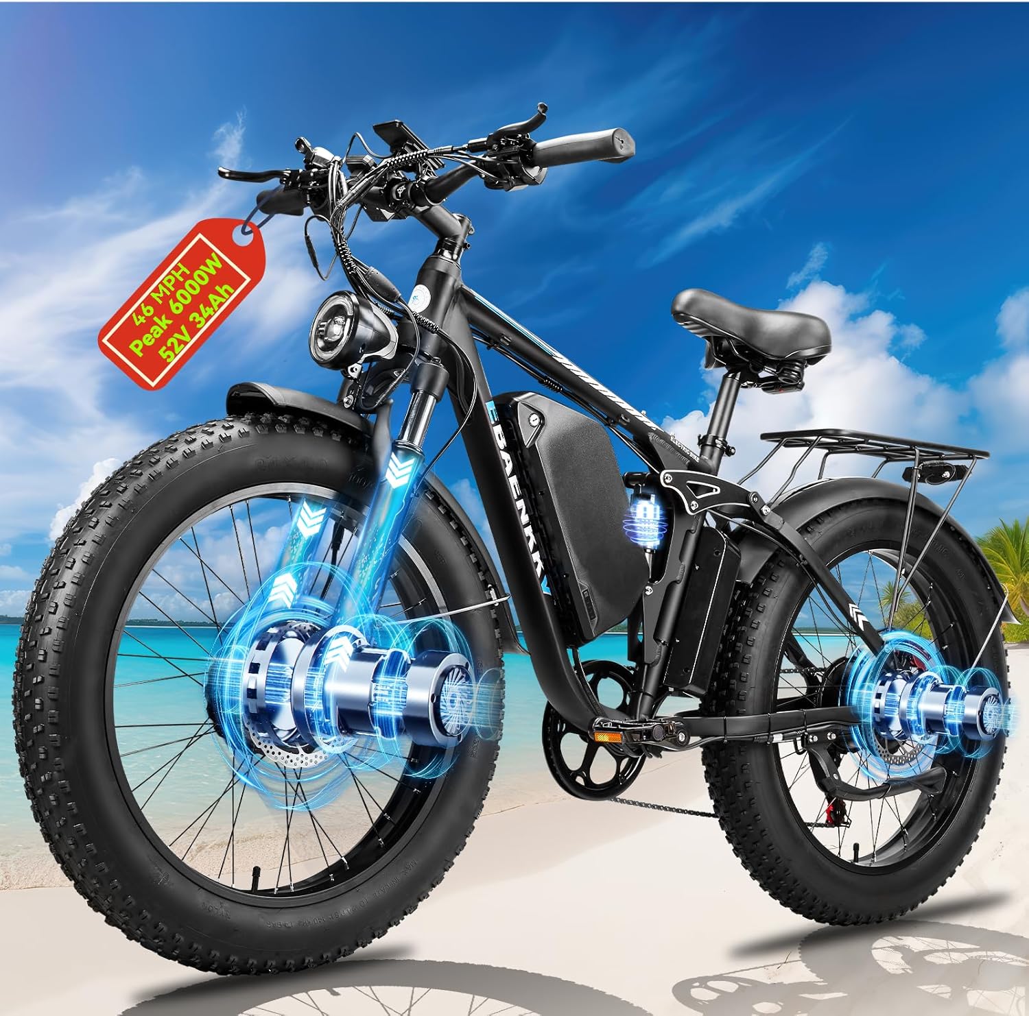 6000W Dual Motor Ebike for Adults 46MPH Fast Electric Bike for Men Women,52V 34Ah(1768Wh) Up to 100Miles Ebikes,24″ Fat Tire E-Bike,Full Suspension Electric Bicycle for Mountain Off-Road Commuter Snow
