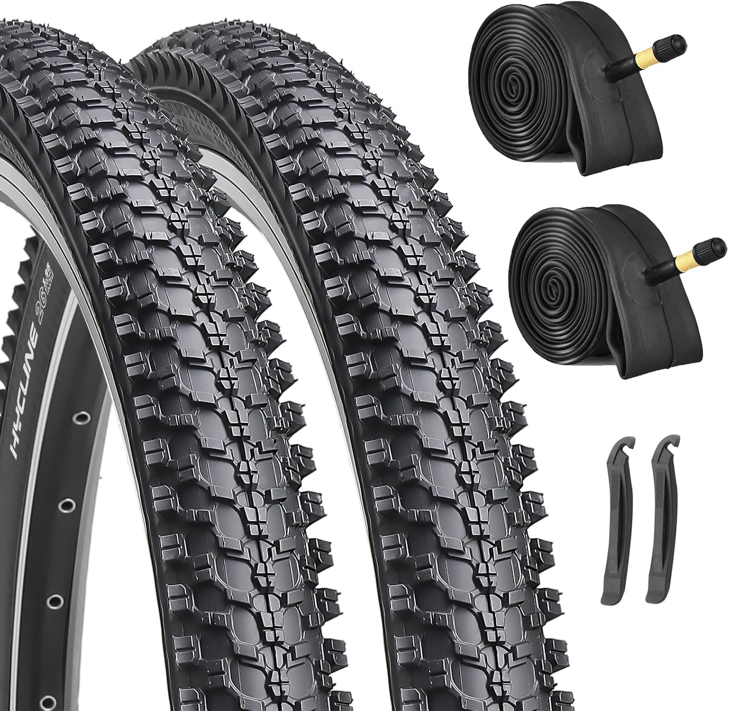 Hycline 2-Pack Mountain Bike Tires Set: 20/24/26/27.5-inch Folding Replacement Puncture-Resistant Bicycle Tires and Pair 20/24/26/27.5-inch Inner Tubes with Tire Levers for MTB Off-Road Bike