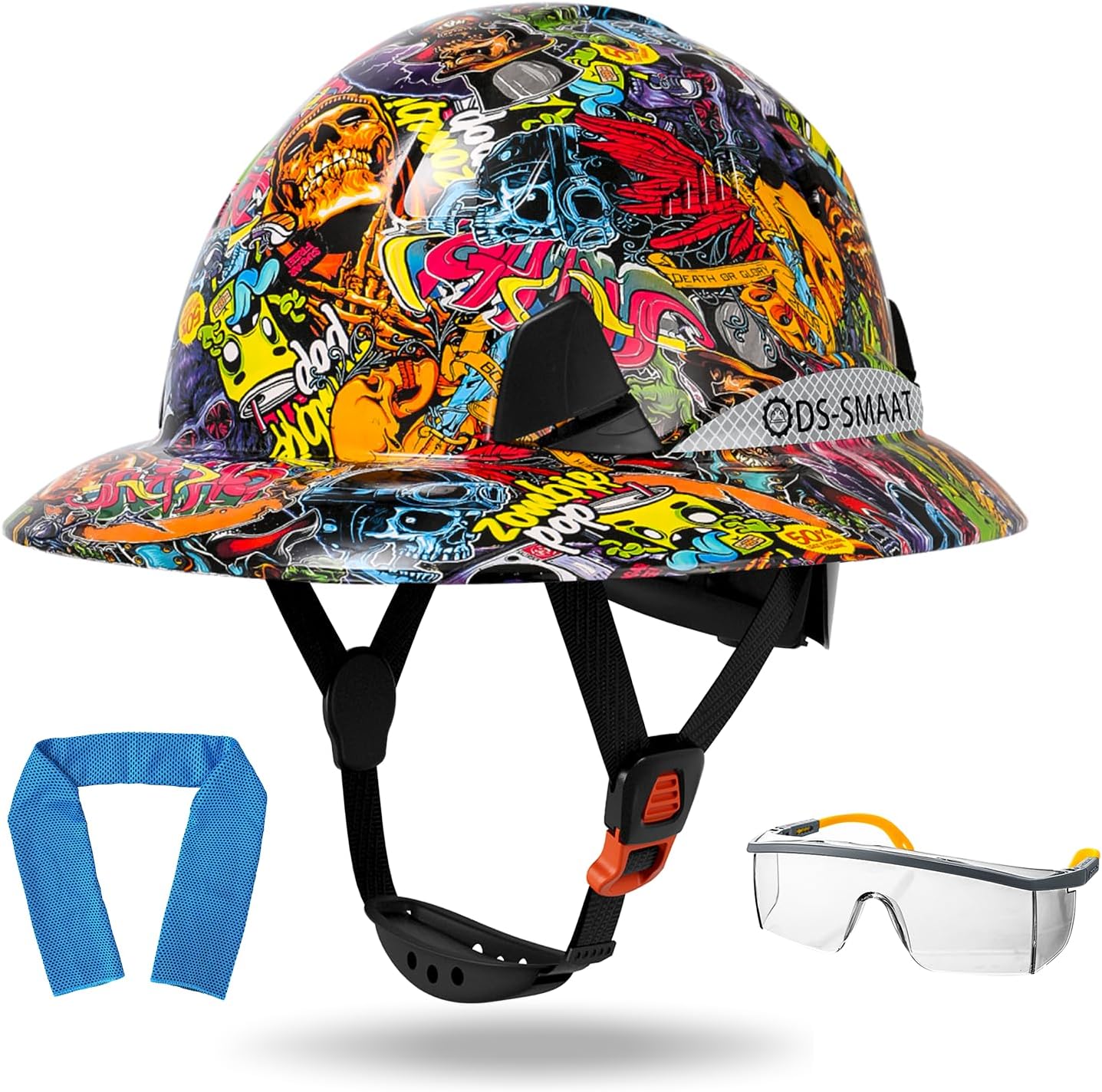 Structure Full Brim Hard Hat with Glasses and Cooling Towel Adjustable Ventilation Reflective Helmet ANSI Z89.1 Type OSHA Approved 6 Point Hanging Helmet for Industrial