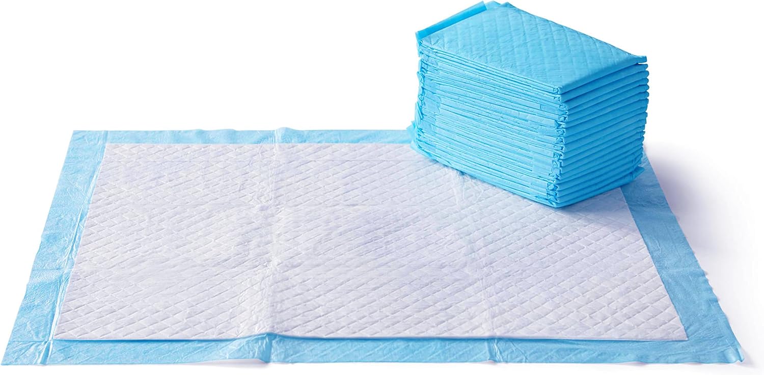 Amazon Basics Dog and Puppy Pee Pads with 5-Layer Leak-Proof Design and Quick-Dry Surface for Potty Training, Heavy Duty Absorbency, X-Large, 28 x 34 Inch – Pack of 25, Blue & White