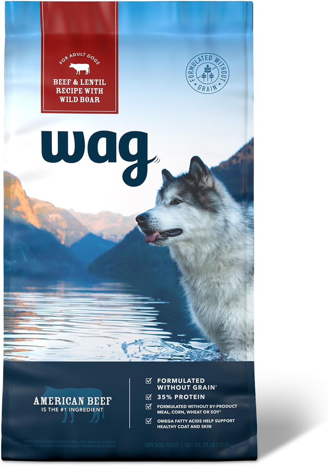 Amazon Brand – Wag Dry Dog Food Grain-Free Beef & Lentil Recipe, High Protein (24 lb bag)