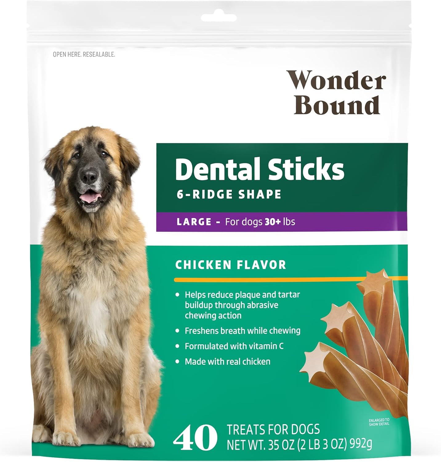 Amazon Brand – Wonder Bound Chicken Flavor Dental Sticks for Large Dogs (Over 30 lbs), 6-Ridge Shape for Plaque & Tartar Control, Freshens Breath, Made With Real Chicken, 40 Count (Pack of 1)