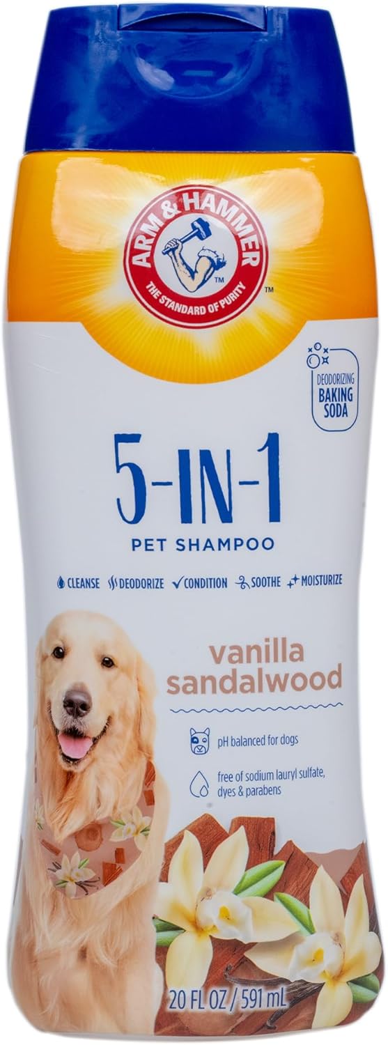 Arm & Hammer for Pets 5-in-1 Pet Shampoo with Conditioner, Vanilla Sandalwood Scent – Deodorizing, Skin Soothing, and Moisturizing Ingredients, Dog Oatmeal Shampoo with Aloe and Shea Butter, 20 Fl Oz