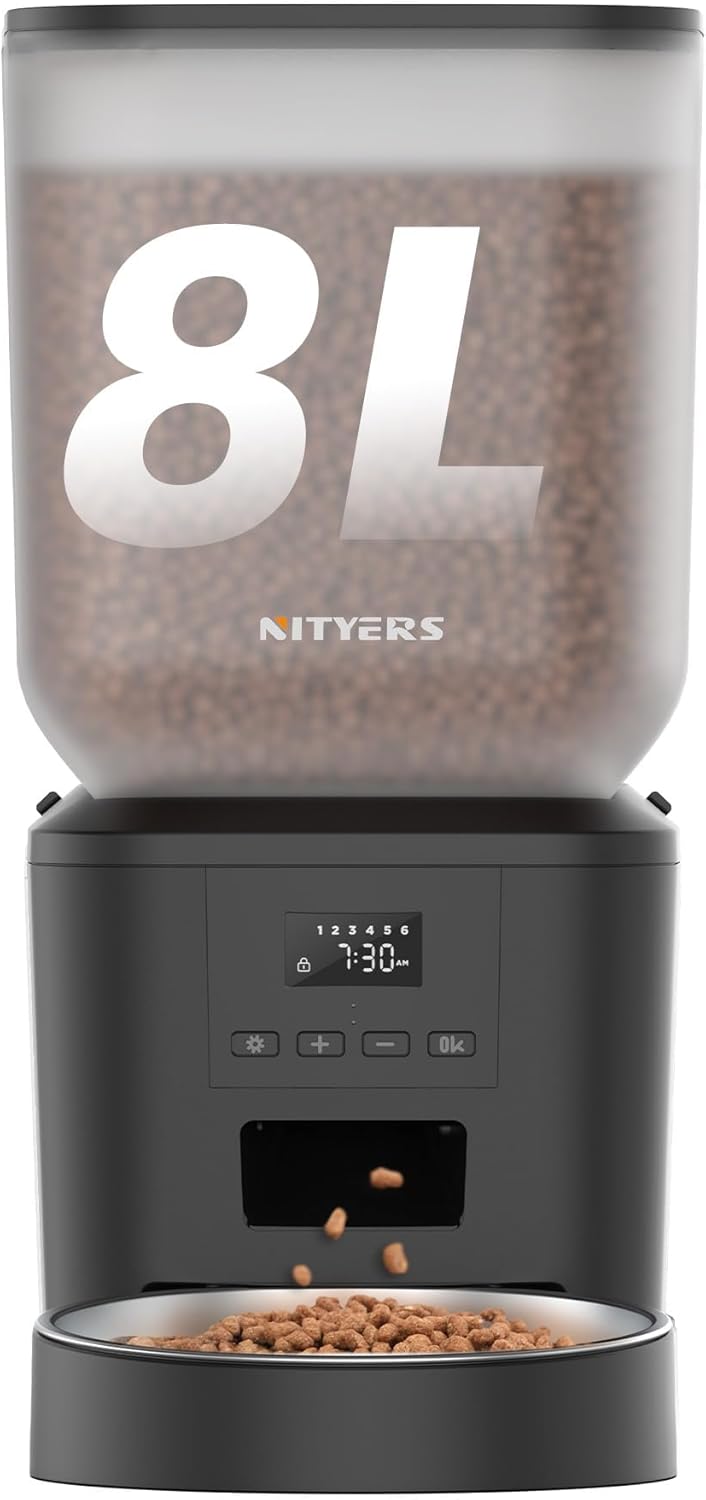 Automatic Dog Feeder – 8L/34 Cups Large Capacity Automatic Cat Food Dispenser with LCD Screen, Large Food Tray, Battery Operated, Timed Cat Feeder, Up to 50 Portions 6 Meals Per Day, Keeps Fresh
