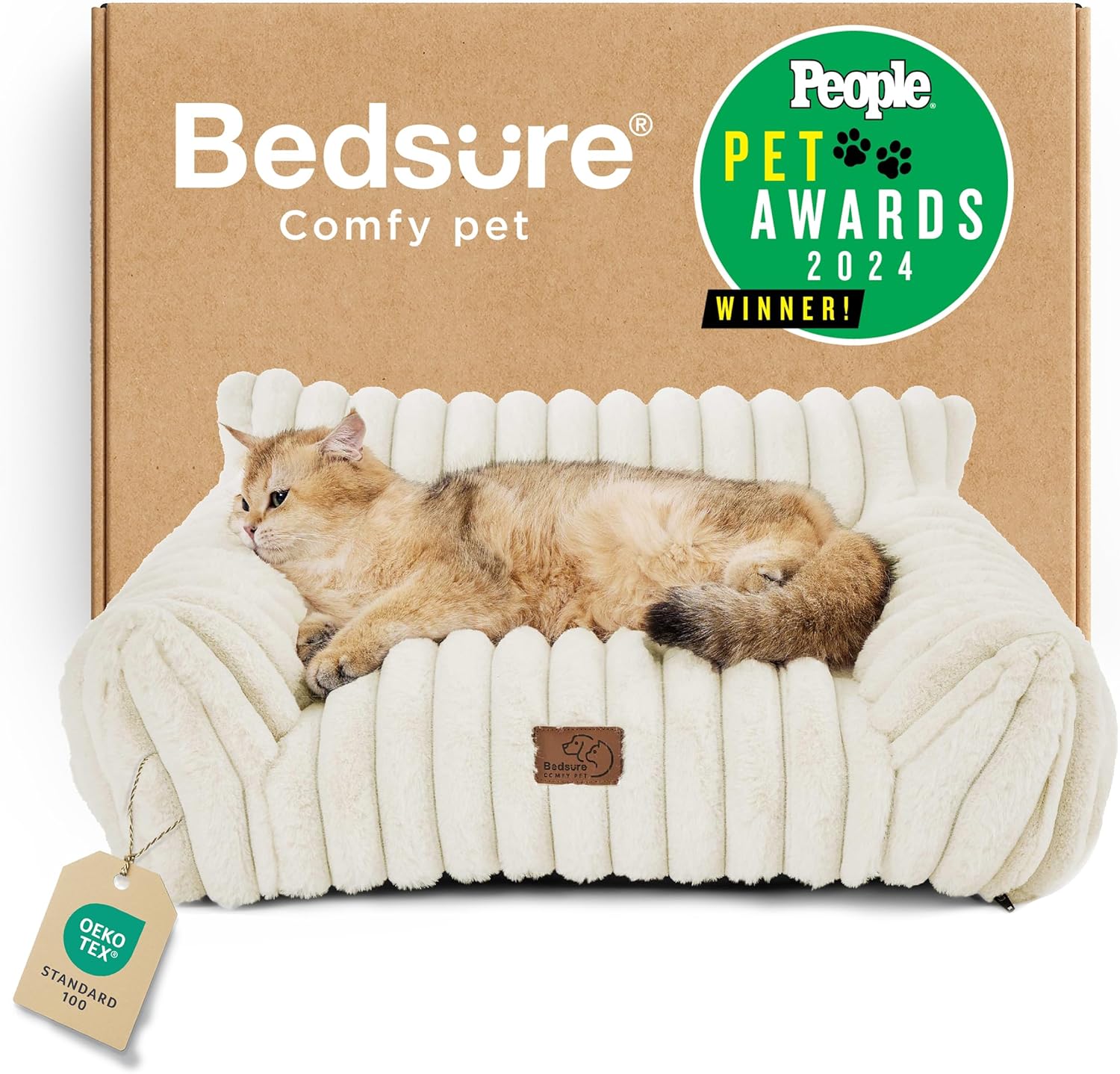 Bedsure Cute Cat Couch for Pets – Fluffy Cat beds with Premium Soft Corduroy Fleece, Fuzzy Cats beds for Indoor Cats with Removable Washable Cover, Supportive Pet Sofa, 24inch, Cream