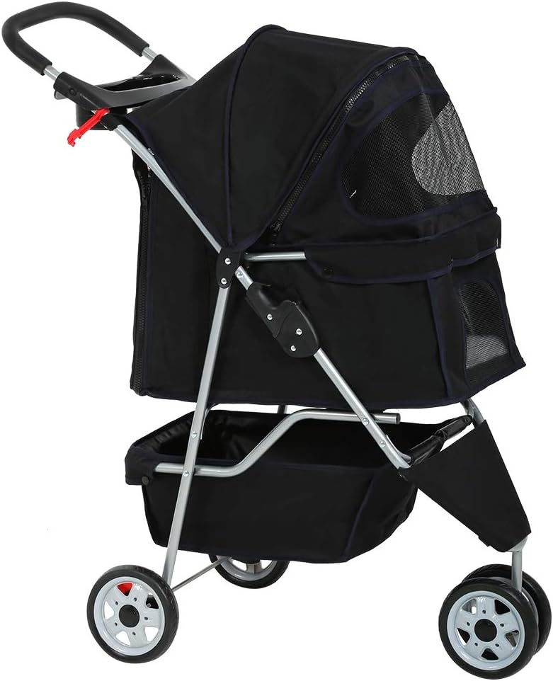 BestPet | 3-Wheel Pet Stroller | Dog and Cat Stroller | Breathable Mesh | Lightweight Travel Carrier | Waterproof & Foldable Design | Storage Basket | Black | for Daily Walks & Outdoor Use