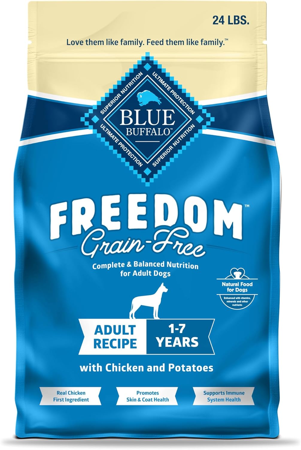 Blue Buffalo Freedom Grain-Free Dry Dog Food, Complete & Balanced Nutrition for Adult Dogs, Made in the USA With Natural Ingredients, Chicken & Potatoes, 24-lb Bag