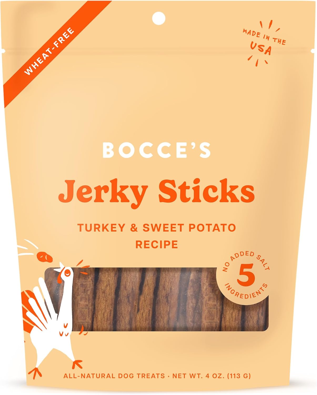 Bocce’s Bakery Jerky Stick Dog Treats, Wheat-Free, Made with Limited-Ingredients, Baked in The USA with No Added Salt or Sugar, All-Naural & High-Protein, Turkey & Sweet Potato, 4 oz