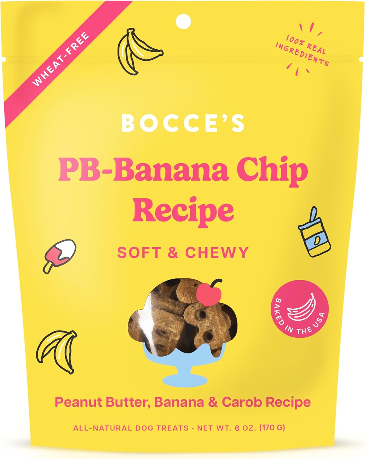 Bocce’s Bakery PB Banana Chip Recipe Treats for Dogs, Wheat-Free Everyday Dog Treats, Real Ingredients, Baked in The USA, All-Natural Soft & Chewy Cookies, Peanut Butter, Bananas, & Carob, 6 oz