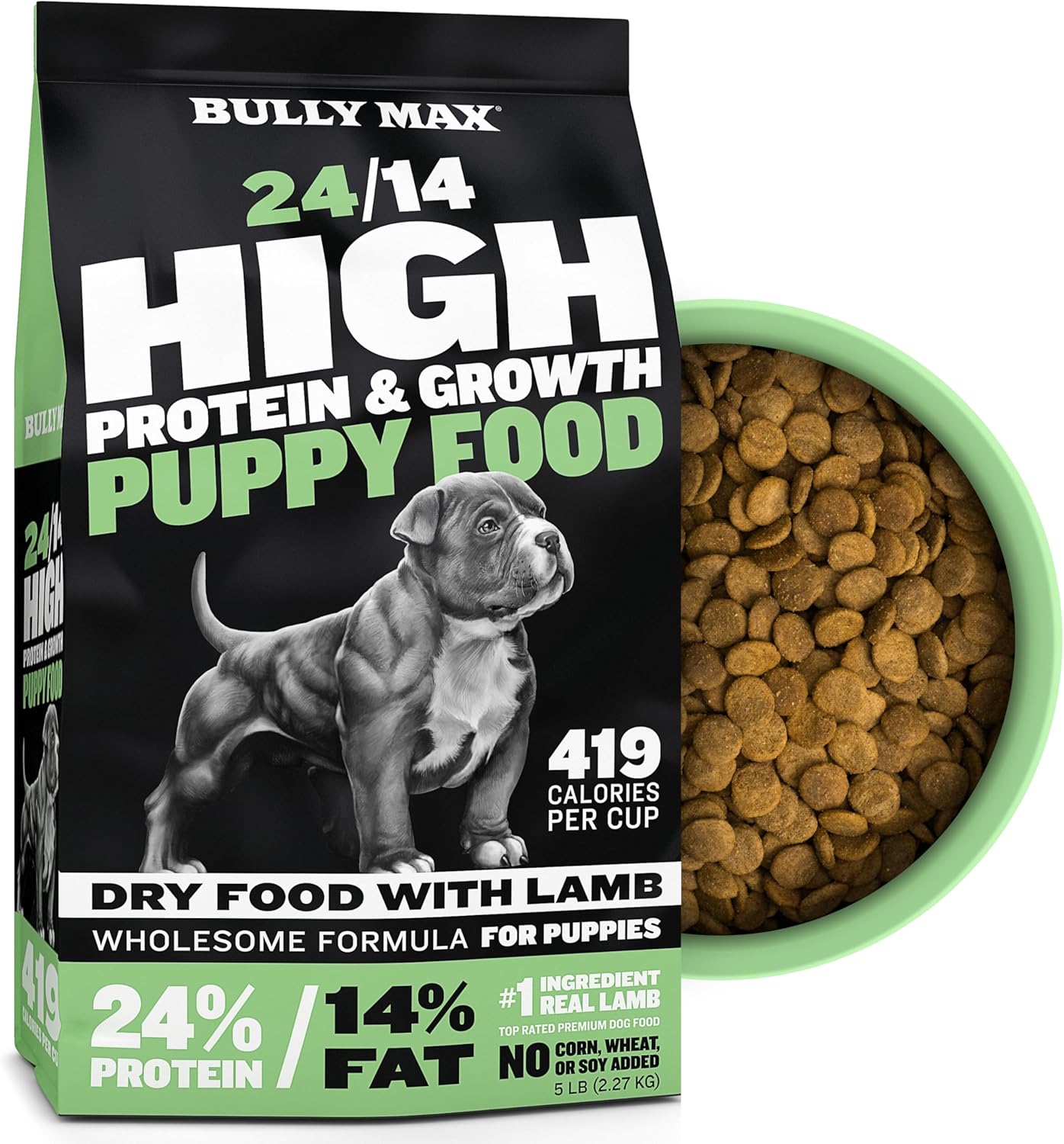Bully Max Puppy Food 24/14 High Protein & Growth Formula – Dry Dog Food with Lamb and Rice for Small Dogs and Large Breed Puppies – Natural, Slow-Cooked, Sensitive Stomach Pet Food, 5-Pound Bag
